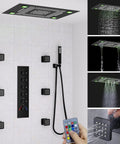 Sleek Matte Black Ceiling Rain Shower System With 24X32 Inch Led Spray Head, Thermostatic Mixer Valve, Adjustable Body Jets And Three Way Waterfall Mist Spray For A Top Shelf Bathroom Glow Up, showing LED panel, jets, and control remote.