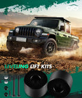 Off-road vehicle in desert with leveling lift kits displayed, showing bolts and spacer components for Toyota trucks and SUVs.