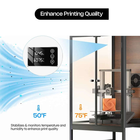 Enclosed 3D Printer Cabinet With 48 Spool Filament Storage, ventilated enclosure showing temperature control display
