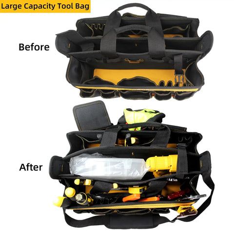 17 Inch Open Top Electrician Tool Bag With Shoulder Strap HVAC Pro Carrier Center Plastic Tray 30 Pockets Dual Outside Pouches