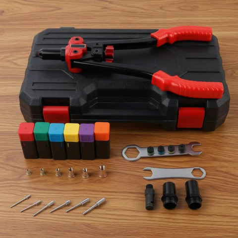 Heavy Duty Long Handle Rivet Nut Tool Kit With Case, Interchangeable Nosepieces And 10mm Mandrels, Two Wrenches, And A Pro Grade Full Set Of Rivet Nuts And Flush Rivets For Do It Yourself Home Improvement And Maintenance on black case