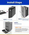 Install steps for Real Deal Automatic Dog Feeder Hanging Pet Cage Food Dispenser showing cover, knob, and bowl setup.