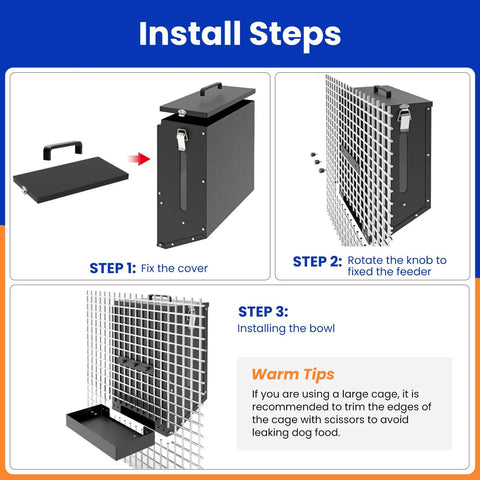 Install steps for Real Deal Automatic Dog Feeder Hanging Pet Cage Food Dispenser showing cover, knob, and bowl setup.
