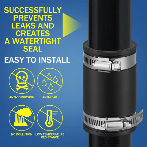 Close-up of 2 Pack Flexible TPE Couplings With Stainless Steel Clamps For Plastic And Copper Plumbing showcasing leak prevention features