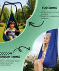 Pod swing showing benefits for kids and cocoon sensory swing for adults, Heavy Duty Sensory Swing With Stand For Grown Ups X Shaped A Frame Anti Rust
