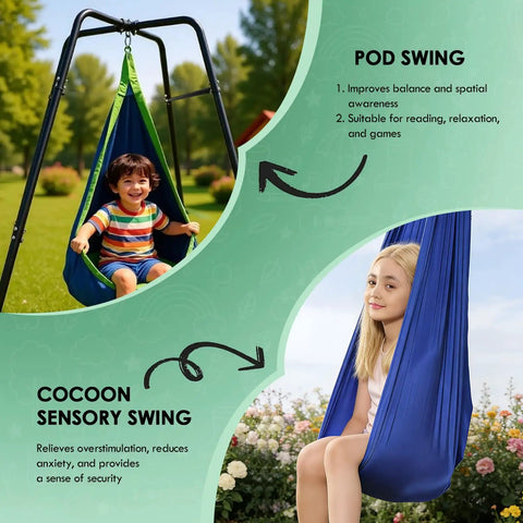 Pod swing showing benefits for kids and cocoon sensory swing for adults, Heavy Duty Sensory Swing With Stand For Grown Ups X Shaped A Frame Anti Rust
