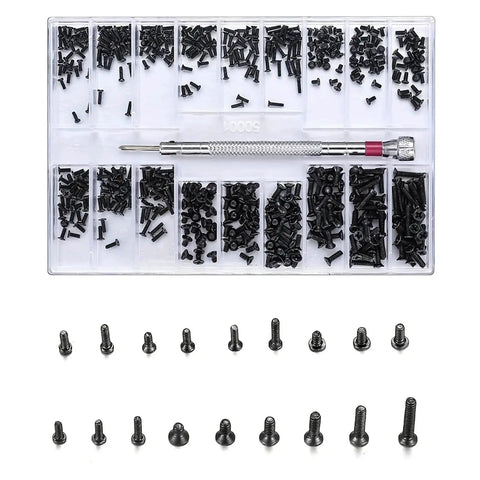 Solid 630 Piece Micro Repair Screw Set With Precision Drivers To Quick Fix Cracked Glasses Sunglasses Wristwatches And Jewelry M1.2 M1.4 Flat Heads with black screws and driver.