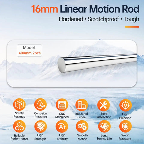 Premium 2 Pack 16mm X 400mm Linear Motion Rods Shaft Guide Rail shown with a polished surface for smooth sliding in CNC builds.