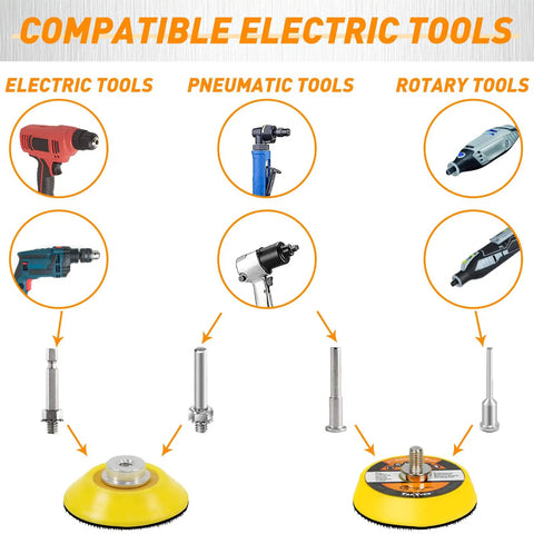 Compatible electric tools shown with Top Shelf 331 Piece 2 Inch Wet Dry Sanding Disc Kit With 60 To 10000 Grit Assortment.