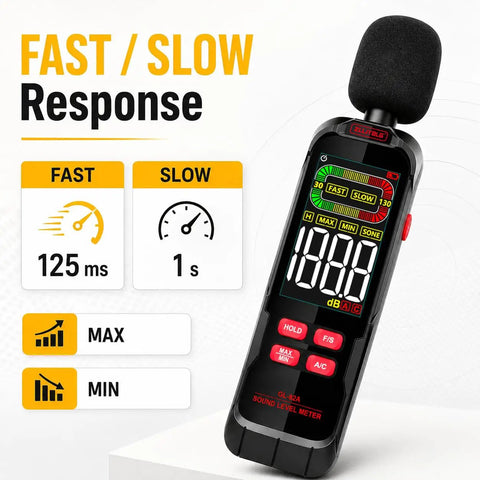 Digital Sound Level Meter With 30 To 130 dB Range A And C Weighting Fast Or Slow Response Max Min Data Hold Color Backlit Display Ideal Noise Meter For Home Office Shop Floor And Neighbor Noise Checks black handheld meter with display