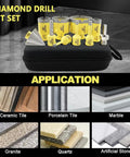 Tile Hole Saw Drill Bits Set 10 Piece For Porcelain Ceramic Granite Marble And Masonry Includes Core Bits Enlarging Bits Chamfer Bit With 6 8 10 25 35 50 65 mm Sizes And 10 mm Hex Shank For Diy Home Projects displayed with included case and application materials