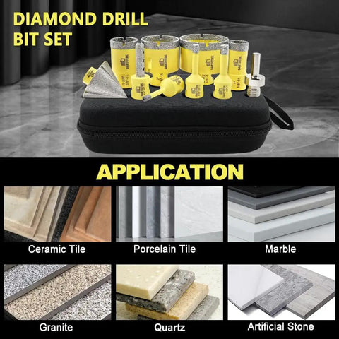 Tile Hole Saw Drill Bits Set 10 Piece For Porcelain Ceramic Granite Marble And Masonry Includes Core Bits Enlarging Bits Chamfer Bit With 6 8 10 25 35 50 65 mm Sizes And 10 mm Hex Shank For Diy Home Projects displayed with included case and application materials