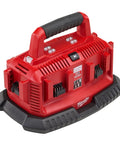 Six Pack Sequential Charger For M18 Batteries Heavy Duty Red Power Dock shown from top angle with black handle