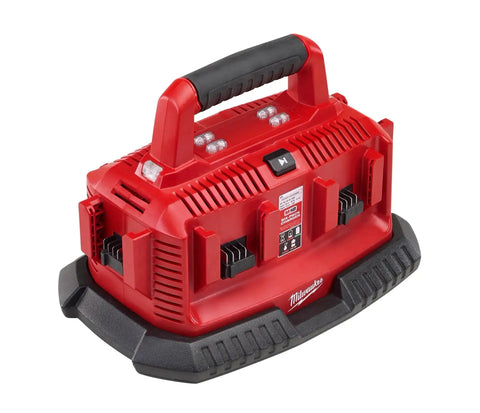 Six Pack Sequential Charger For M18 Batteries Heavy Duty Red Power Dock shown from top angle with black handle