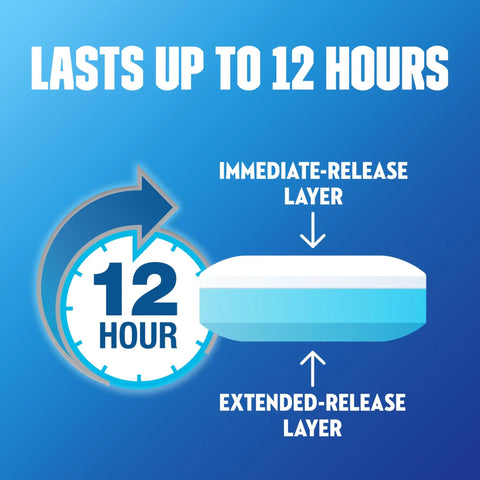 Heavy Lift 12 Hour Guaifenesin Extended Release Expectorant tablet illustration showing immediate and extended release layers.