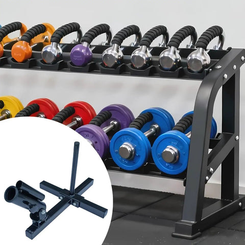 Versatile Barbell Attachment For Deadlifts Squats And Rows with weights rack and colorful dumbbells in gym setting