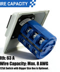 Rugged Heavy Duty 63A Rotary Changeover Switch With Exterior Box For Solar And Grid Power Switching, showing wire capacity details