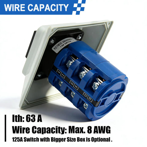 Rugged Heavy Duty 63A Rotary Changeover Switch With Exterior Box For Solar And Grid Power Switching, showing wire capacity details
