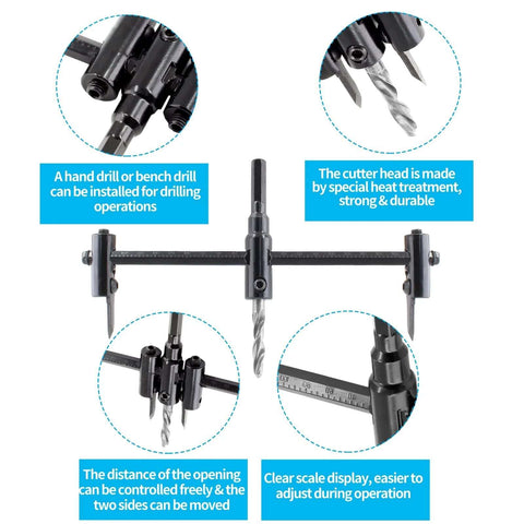 Front view of LifCratms adjustable hole saw guide in black with ruler scale and side clamps.