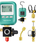Digital Manifold HVAC Gauge Kit With Four Piece Pro Grade For Quick Pressure Readouts And Refrigerant Charging Vacuum Test Micrometer Accuracy Quarter Inch To Five Sixteenth Inch Port Accessories Valve Core Remover And Installer SAE And T Connector, green digital gauge and fittings