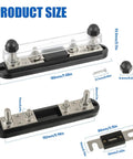 Rock Solid ANL Fuse Holder Block With Two 350A Fuses Power Distribution Terminal handles up to 750A, shown with size measurements.
