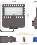 Beefy 150W LED Parking Lot Light 21000LM 140lm/W With Dusk-to-Dawn Photocell, IP66 ETL Certified, dimensions shown