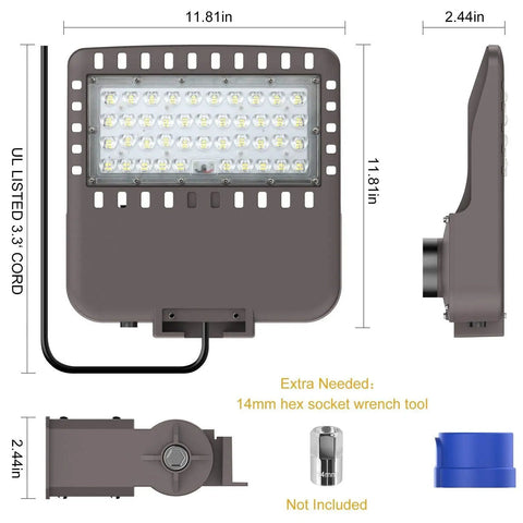 Beefy 150W LED Parking Lot Light 21000LM 140lm/W With Dusk-to-Dawn Photocell, IP66 ETL Certified, dimensions shown