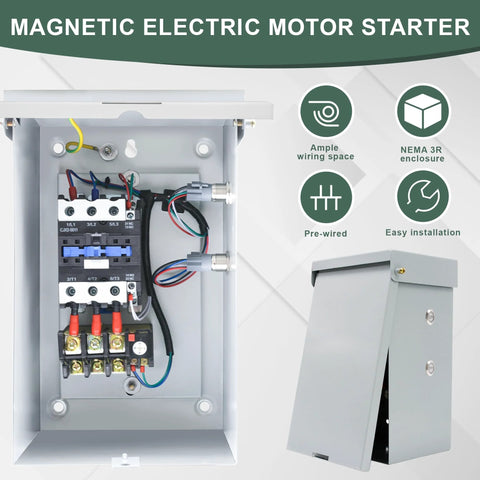 Magnetic motor starter inside a gray metal enclosure; interior view with terminal block wiring and NEMA 3R