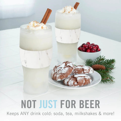 Freezable Insulated Pint Mugs Set Of 2 Double Walled Frosty Drink Glasses With Gel Core Keeps Beer And Cold Brew Icy Longer 16 Oz Marble with drinks and cookies.