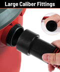 Person fitting black hose into red dust collection adapter, part of Seven Piece Dust Collection Hose Adapter Kit For Woodworking Tools, Sanders, And Shop Vacuums, Wide Compatibility With Outlets From 0.9 To 1.75 Inches Across Multiple Brands, Easy Fit And Tight Seal.