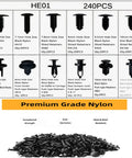 240 Piece Bumper Retainer Clips Kit For Ford GM Toyota Honda, Nylon Push Rivets And Retainers In 12 Sizes, Universal Auto Body Panel And Trim Replacement, Durable Black Plastic: 12-size black nylon clips