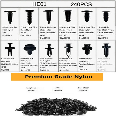 240 Piece Bumper Retainer Clips Kit For Ford GM Toyota Honda, Nylon Push Rivets And Retainers In 12 Sizes, Universal Auto Body Panel And Trim Replacement, Durable Black Plastic: 12-size black nylon clips