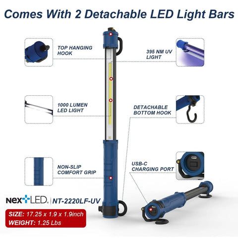 Underhood Work Light With 2000 Lumen LED Power, 8000mAh Battery, UV Mode, detachable bars, hooks, USB-C port shown