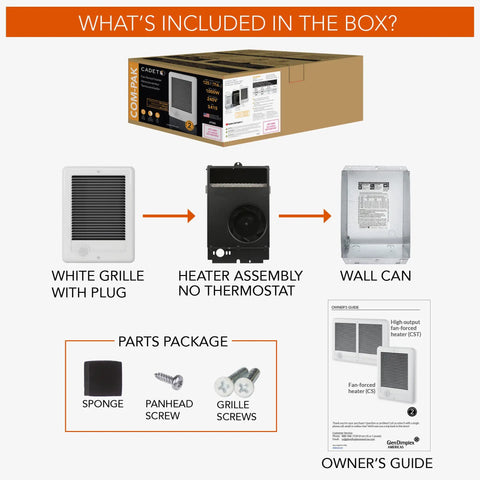 Components of Electric Wall Heater Complete Unit Without Thermostat 1500 Watt 120 Volt 5120 BTU White Wall Mounted Heater shown