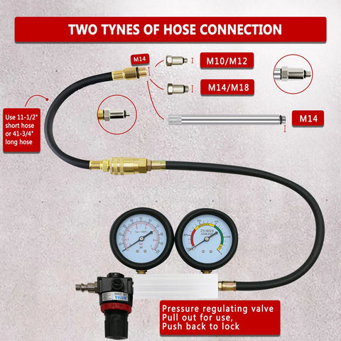 Cylinder leak-down tester with dual gauges, regulator, and black hose set with brass adapters (M14/M18, M10/M12)