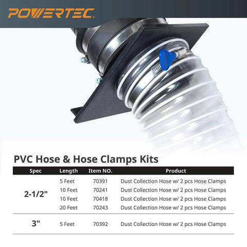 4-Inch By 20-Foot Flexible PVC Dust Collection Hose With Two Stainless Steel Key Hose Clamps For Table Saw Band Saw Planer Jointer And Woodworking Garage Woodshop Dust Collection System close-up, attached to tool.