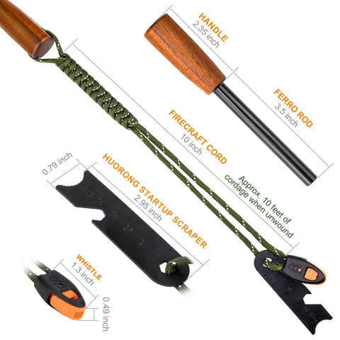 Survival Prepper Grade Fire Starter Kit With Handmade Wooden Handle Ferro Rod Three Eighths Inch Thick Striker Waterproof