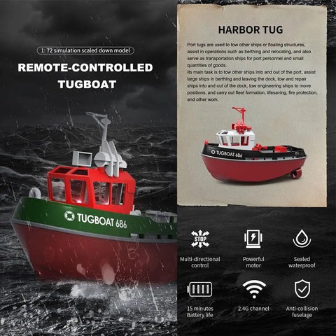 RC Tugboat For Adults 1 To 72 Scale Electric Remote Control Boat With 2.4 GHz Controller, realistic detail on water