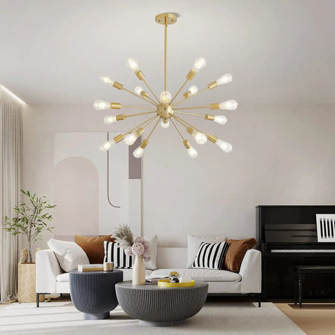 Sputnik Style Dope 15 Light Modern Ceiling Fixture Gleaming Gold Finish Semi Flush Mount Chandelier in living room scene.