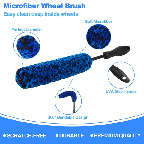 Blue microfiber wheel brush with EVA grip from 12Pcs Wheel Brush Kit For Cleaning Wheels And Tires With Bendable Rim Brushes Car Detailing Supplies