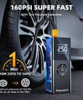 On The Go Portable Tire Inflator Air Compressor With Digital Gauge 160 PSI beside a car tire showing 25.0 PSI reading.