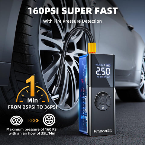 On The Go Portable Tire Inflator Air Compressor With Digital Gauge 160 PSI beside a car tire showing 25.0 PSI reading.