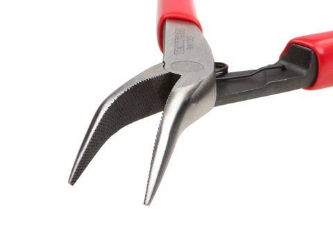 Super Handy Mini Forty Five Degree Long Nose Pliers Built To Reach Around Obstructions With Tapered Bent Tip And Crosscut Teeth Grabbing Firm