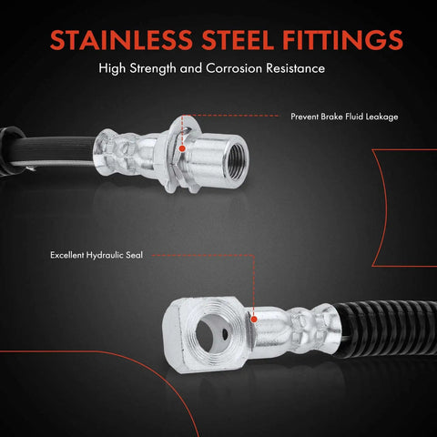 Close-up of stainless steel fittings for Front Brake Hydraulic Hose Kit For Chevy S10 2000-2003, GMC Sonoma 2000-2003.