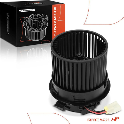 Front Hvac Heater Blower Motor With Fan Cage Assembly Straight Up Plug And Play Replacement For Nissan Leaf 2011 Through 2024 And NV200 shown with wiring and packaging.