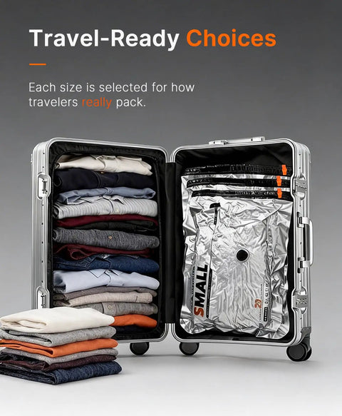 15 Pack Travel Vacuum Storage Bags With Dual Power Pump shown in suitcase with folded clothes, space saver compression bags visible