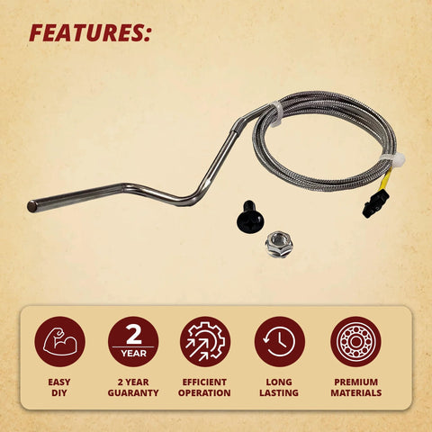 Quadrafire thermocouple K sensor with curved stainless steel probe and braided cable; includes mounting nut and screw.