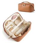 Open Go To Large Makeup Bag Travel Cosmetic Organizer in PU Leather, showing organized compartments with skincare and brushes, classic brown finish.