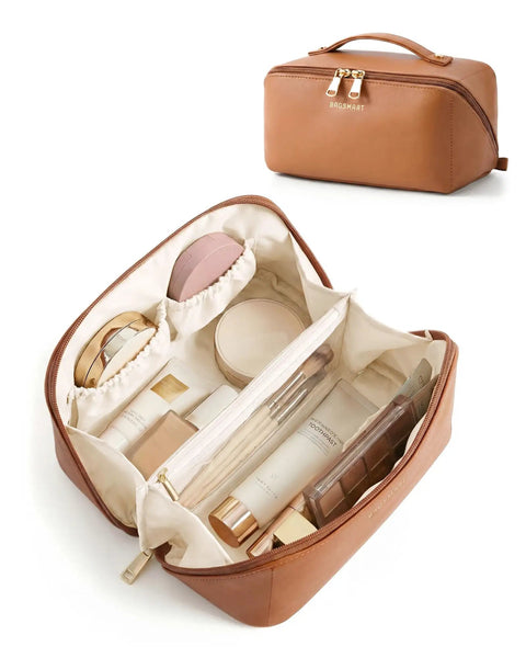 Open Go To Large Makeup Bag Travel Cosmetic Organizer in PU Leather, showing organized compartments with skincare and brushes, classic brown finish.