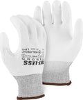 Pair of cut resistant Dyneema gloves with polyurethane palm, showcasing Cut Less Dyneema Gloves With Grippy Polyurethane Palm 1 Dozen SM13 Gauge Liner ANSI A3 Ultra Lightweight Breathable Comfort For Automotive Industrial And Manufacturing Work text on back.